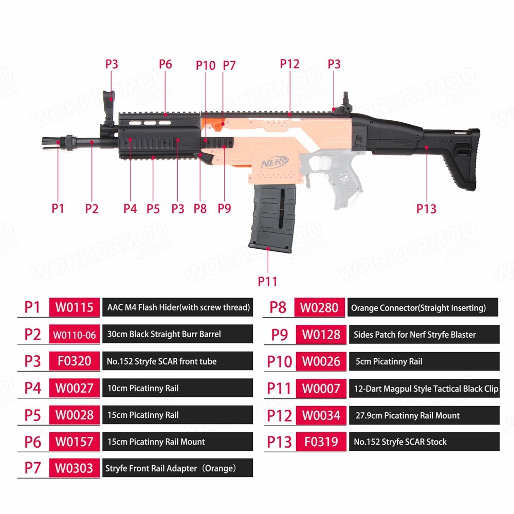 Worker FN SCAR Style Mod Kit for Nerf Stryfe Blaster (Orange – Worker4Nerf